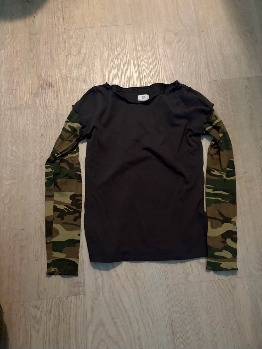 Green Tee with Camo Sleeves - urban outfitters